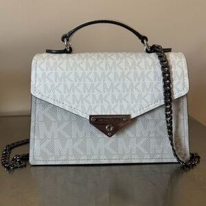 NWOT Michael Kors White Logo-Print Leather Crossbody with Chain Strap